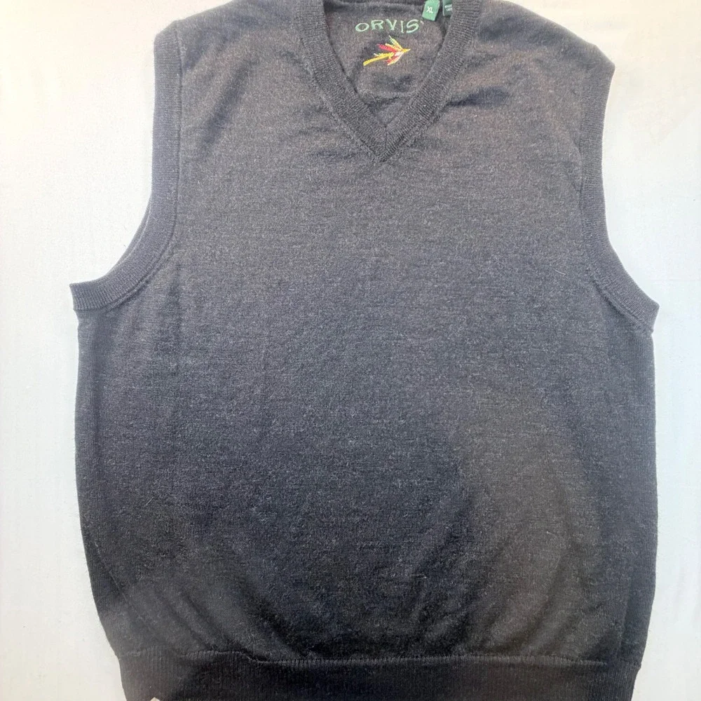 Orvis 100% Merino Wool Sweater Vest Mens XL Black Fly Fishing V Neck Golf